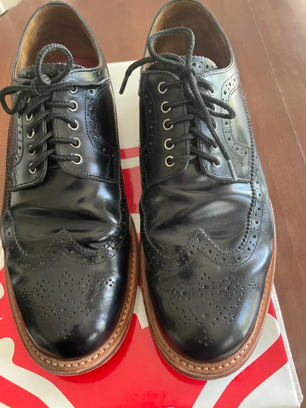 Grenson Sid Black Leather Cap Toe Derbys with Tan Welt UK Size 8G US Size 9